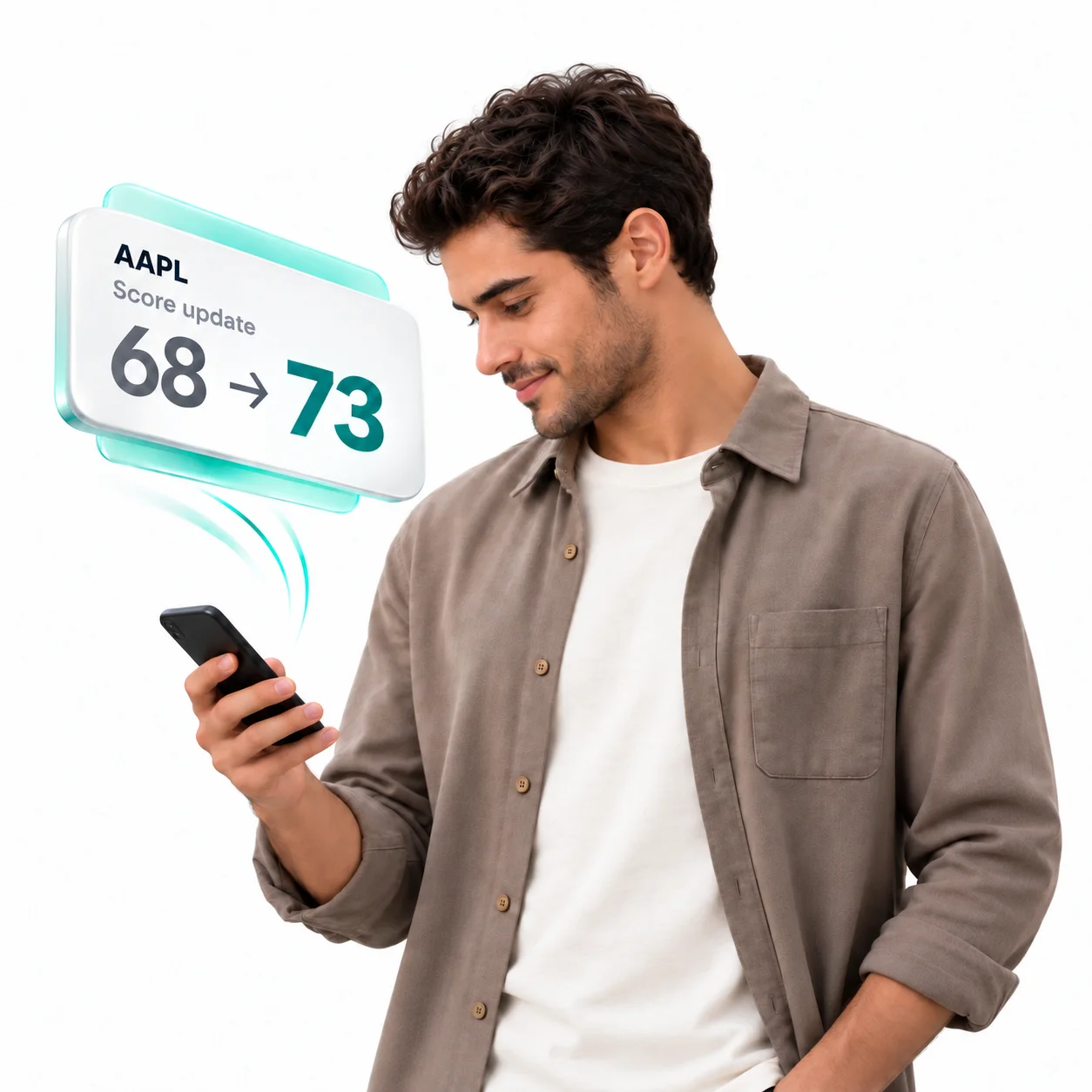 A person looking left at a phone, with both shoulders visible and an illustrative AAPL score update from 68 to 73